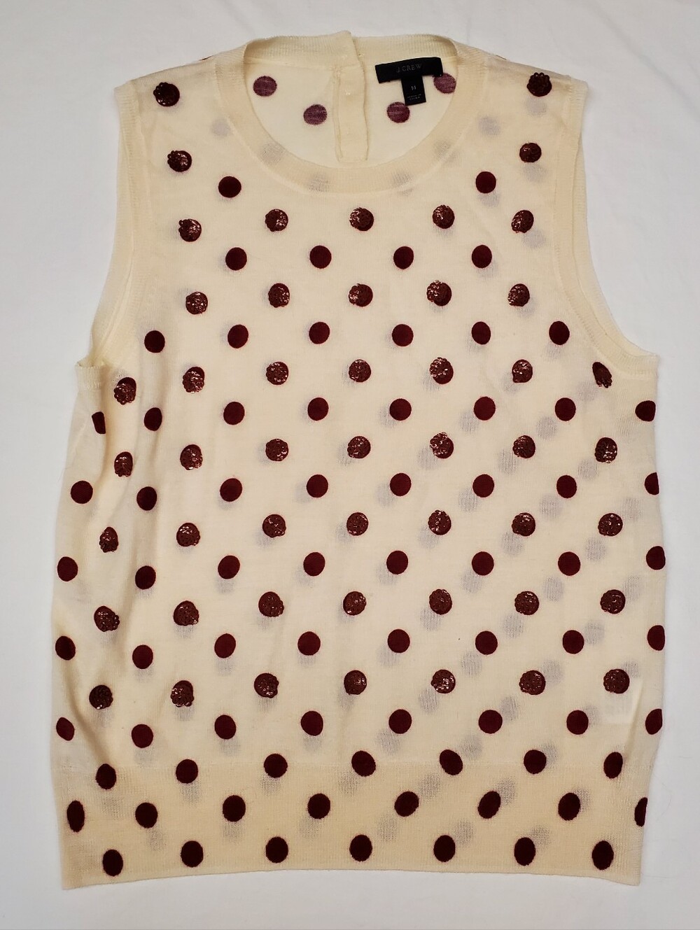 J.Crew Cream Burgundy Polka Dot Sequin Merino Wool Sweater Vest Size M